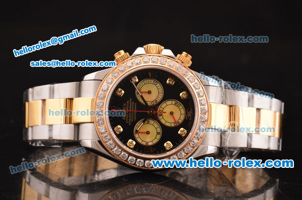 Rolex Daytona Swiss Valjoux 7750-SHG Automatic Two Tone Case/Strap with Diamond Bezel - Black Dial and Diamond Markers - Click Image to Close